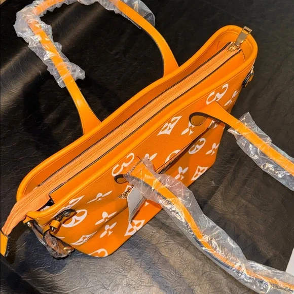 Orange Monogram Tote Bag with White Pattern, NEW, Fashion Bag - Picture 7 of 7